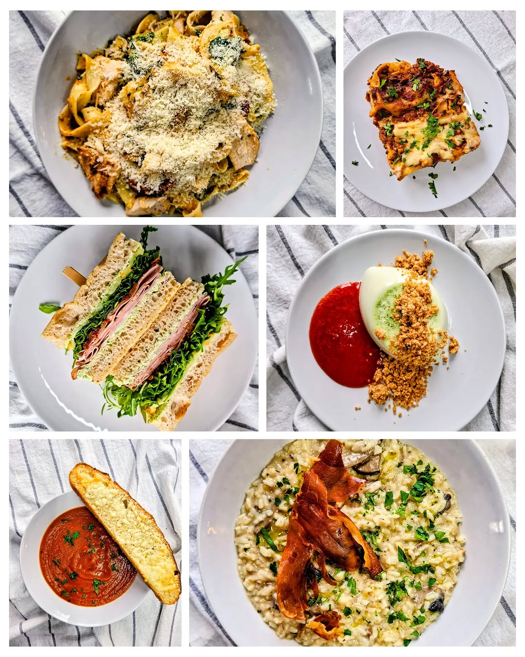 Italian week spread of pasta, risotto, panini and panna cotta at Bistro Merinde